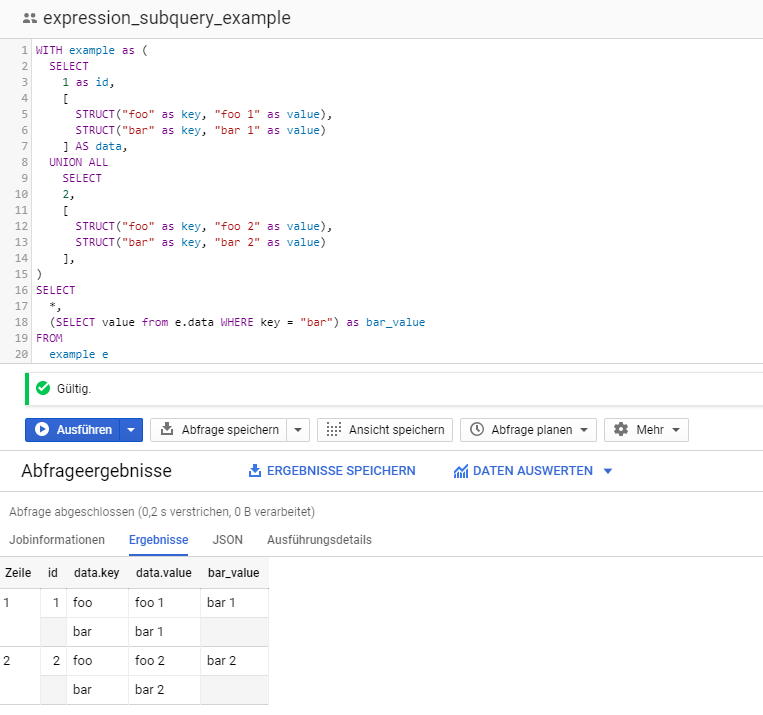 BigQuery Console: How to use expression subqueries for nested and repeated fields example