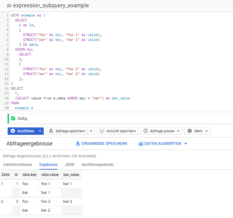 How to use expression subqueries to query nested and repeated fields in Google BigQuery