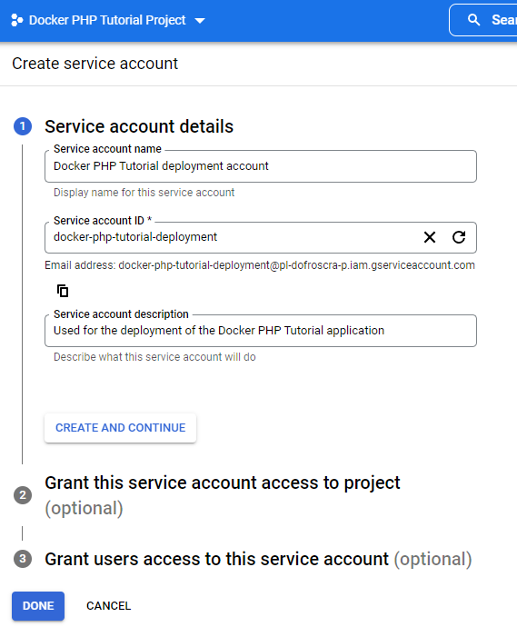 Create a new GCP service account