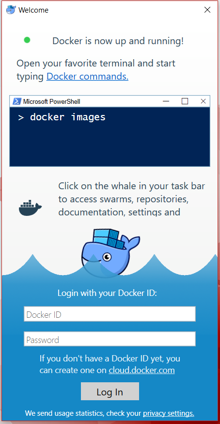 Docker welcome screen