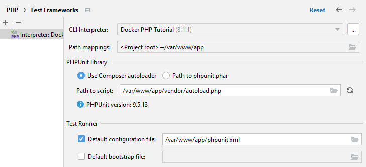 phpunit settings in PhpStorm