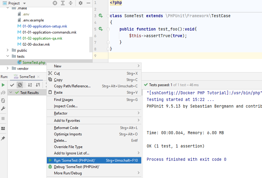 Run a phpunit test in PhpStorm